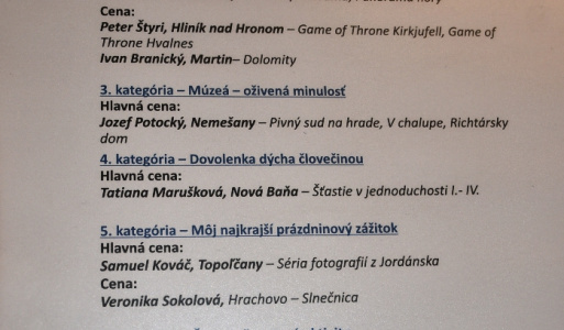 23.11.2023 Vyhodnotenie súťaže NDF. 23.11.2023 Vyhodnotenie súťaže NDF. 23.11. sa stretli milovníci fotografie na 26. ročníku vyhodnotenia súťaže NDF (najkrajšia dovolenková fotografia) v Múzeu vo Sv. Antone, ktorú organizuje POS (Pohronské osvetové stredisko). Miroslav Hric s odbornou porotou vybrali najkrajšie fotografie v 7 kategóriách a ocenili víťazov. Strávili sme príjemný podvečer a držíme palce autorom, aby sa im darilo v ich záľube.